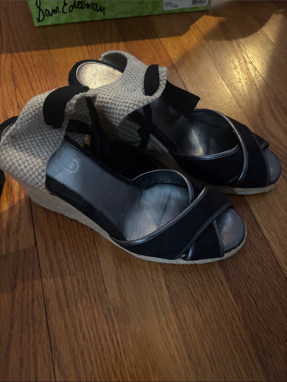 Coach Black and Cream Wedge Espadrille Sandals